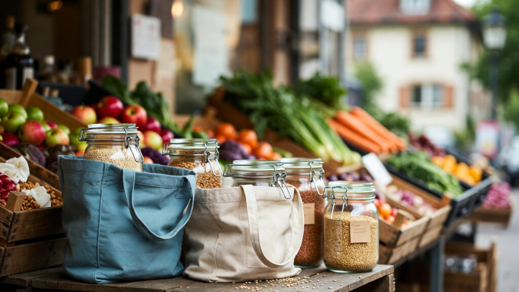 Zero-waste kitchen setup with glass containers, bulk food storage, and reusable wraps in a German home