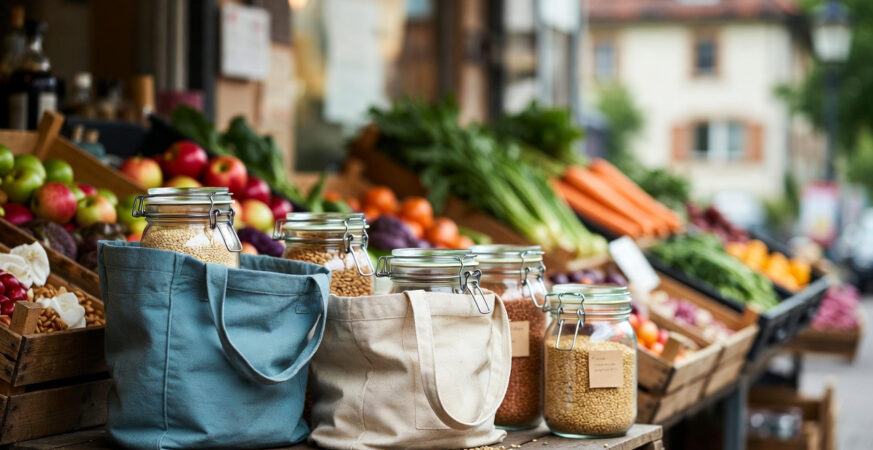 Zero-waste kitchen setup with glass containers, bulk food storage, and reusable wraps in a German home
