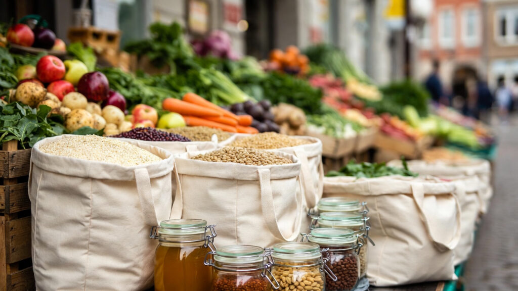 Zero-waste kitchen in a German home using glass containers, bulk food storage, and reusable wraps