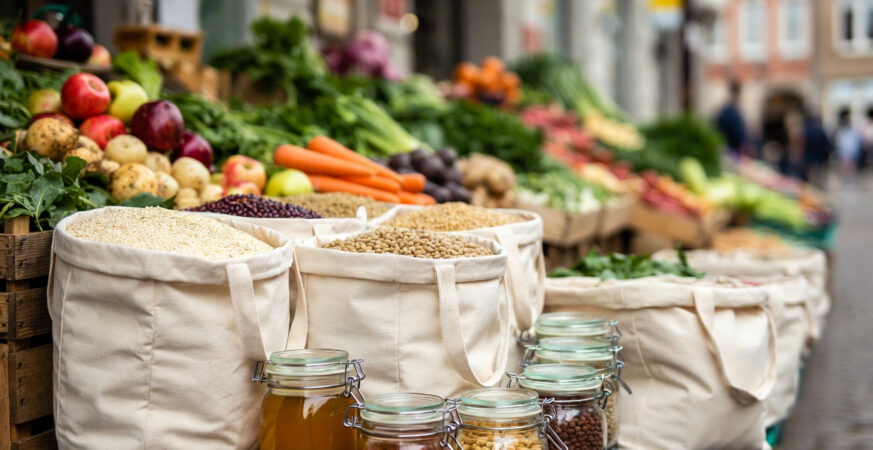 Zero-waste kitchen in a German home using glass containers, bulk food storage, and reusable wraps