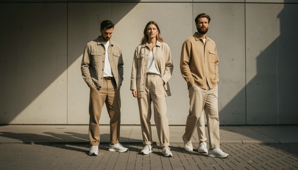 Minimalist modern fashion clothing with neutral colors, clean tailoring, and sustainable fabrics inspired by European style.