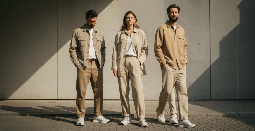 Minimalist modern fashion clothing with neutral colors, clean tailoring, and sustainable fabrics inspired by European style.