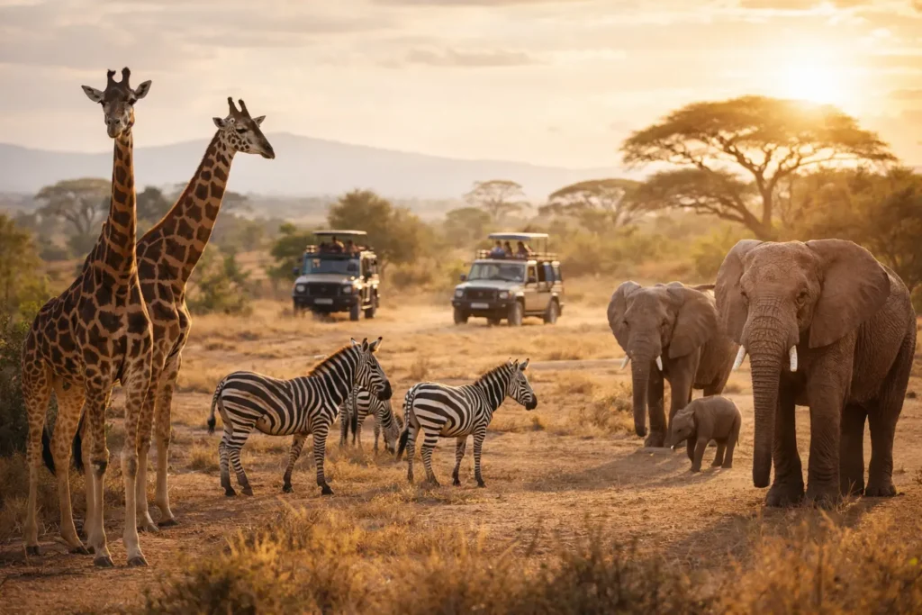 Africa Safari Wildlife Park with giraffes, zebras, and elephants in a natural savanna environment.