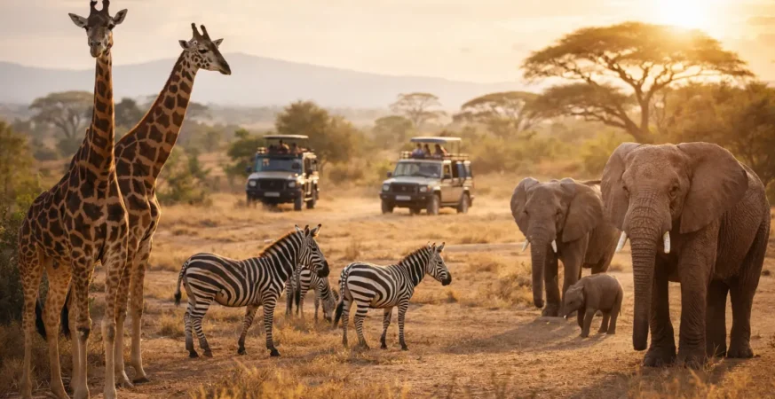 Africa Safari Wildlife Park with giraffes, zebras, and elephants in a natural savanna environment.