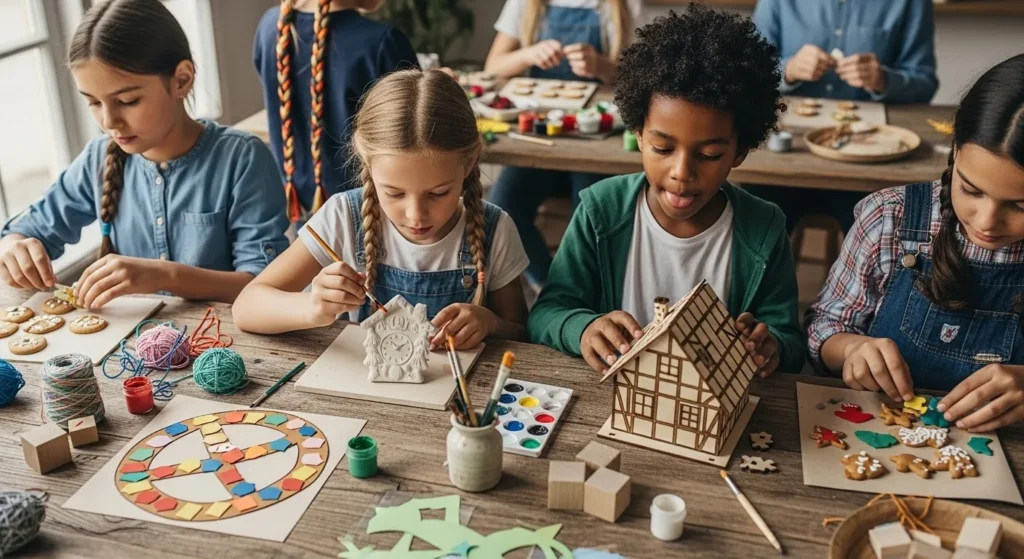 Art and craft activities in Germany with children and adults painting, cutting, and assembling colorful projects, promoting creativity, skill development, and educational fun.