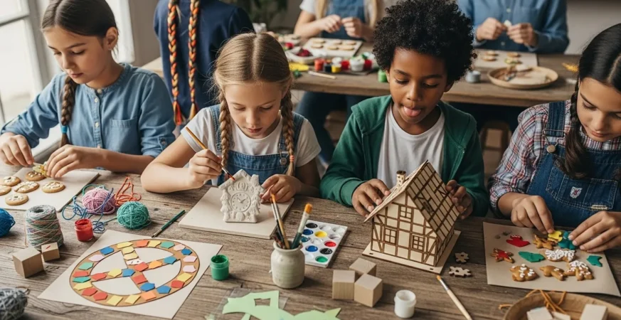 Art and craft activities in Germany with children and adults painting, cutting, and assembling colorful projects, promoting creativity, skill development, and educational fun.