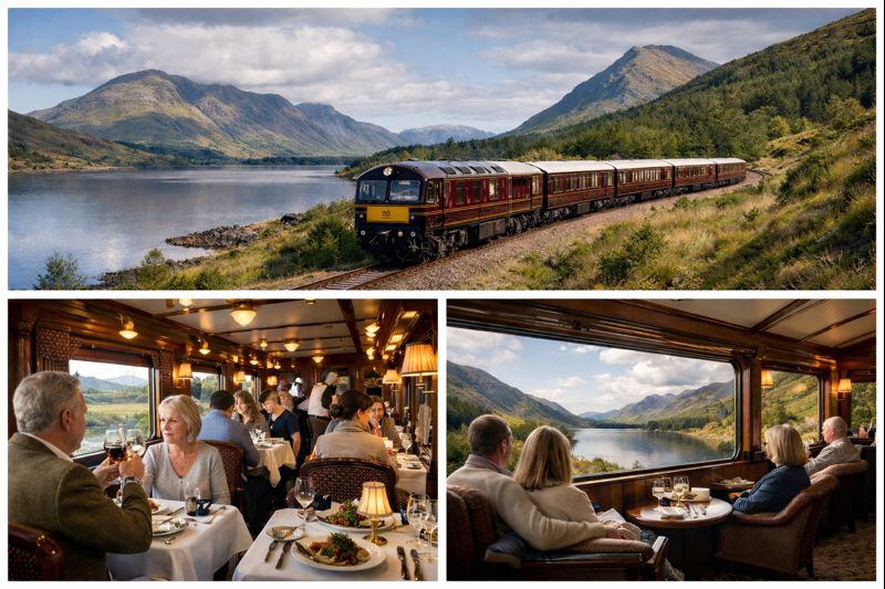 Belmond Royal Scotsman luxury train traveling through Scottish Highlands with mountains and lochs in the background.