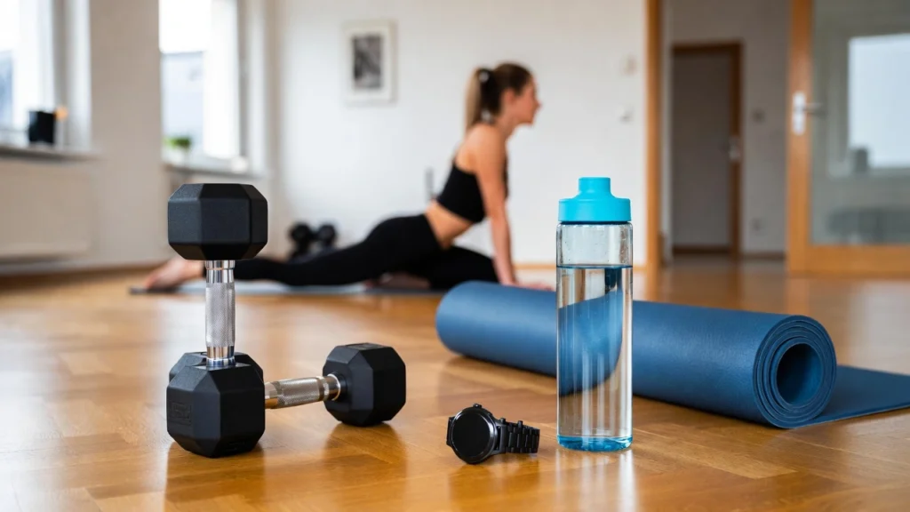“Best fitness routine setup with dumbbells, yoga mat, and smartwatch in a modern German home gym”