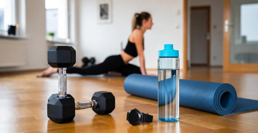 “Best fitness routine setup with dumbbells, yoga mat, and smartwatch in a modern German home gym”