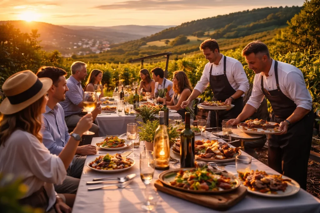 Travelers enjoying a wine and dine tour in a German vineyard with gourmet meals and local wines.