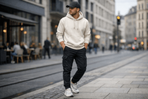 Man wearing H&M slim-fit cargo pants on a city street in Germany