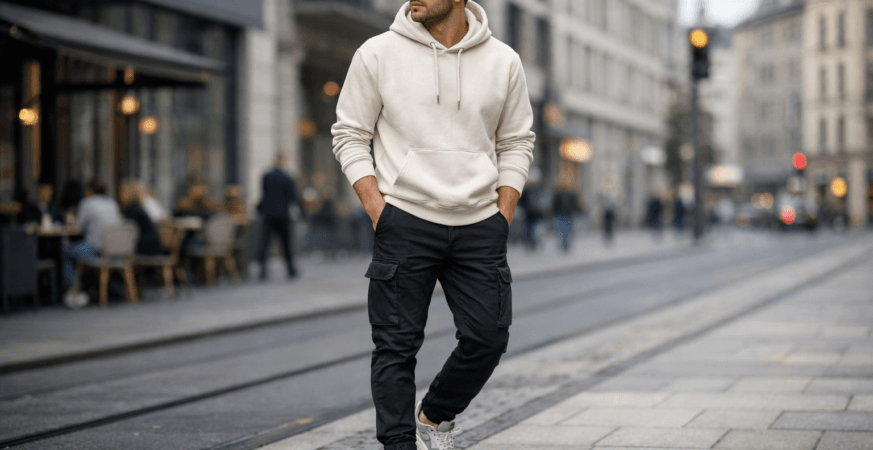 Man wearing H&M slim-fit cargo pants on a city street in Germany