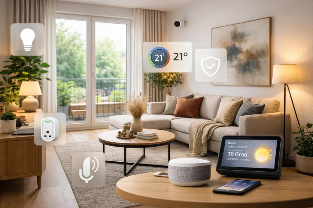 “Modern German living room featuring the best smart home tech, including smart lighting, thermostat, voice assistant, and security devices”