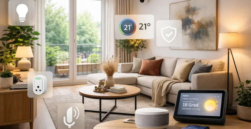 “Modern German living room featuring the best smart home tech, including smart lighting, thermostat, voice assistant, and security devices”