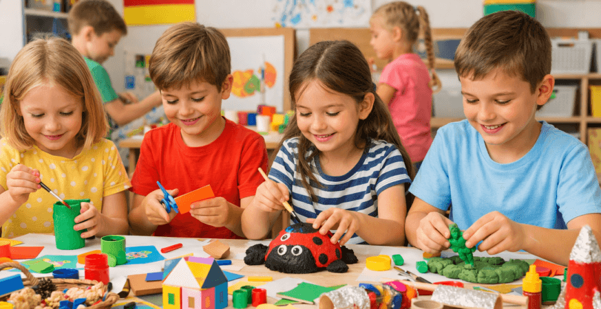 Children in Germany creating colorful arts and crafts projects indoors with paper, clay, and recycled materials, learning and having fun in a bright classroom.