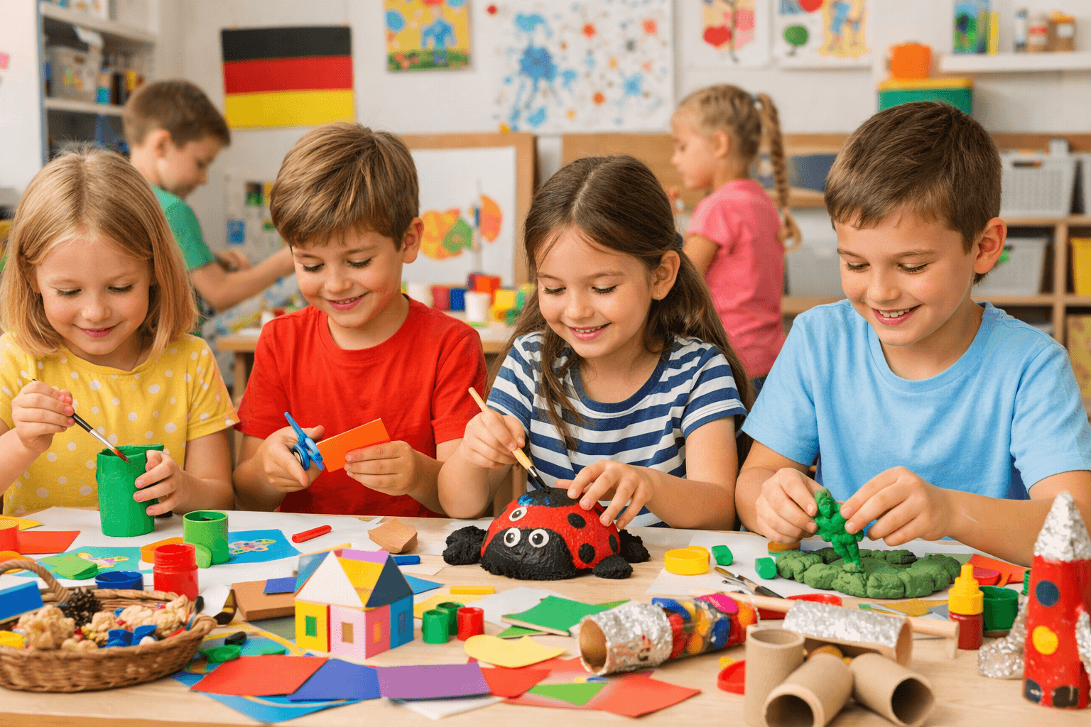 Children in Germany creating colorful arts and crafts projects indoors with paper, clay, and recycled materials, learning and having fun in a bright classroom.