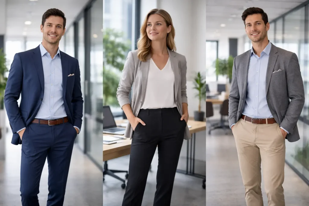 Men and women wearing formal office wear in a German office.