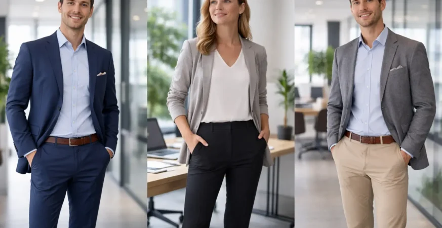 Men and women wearing formal office wear in a German office.