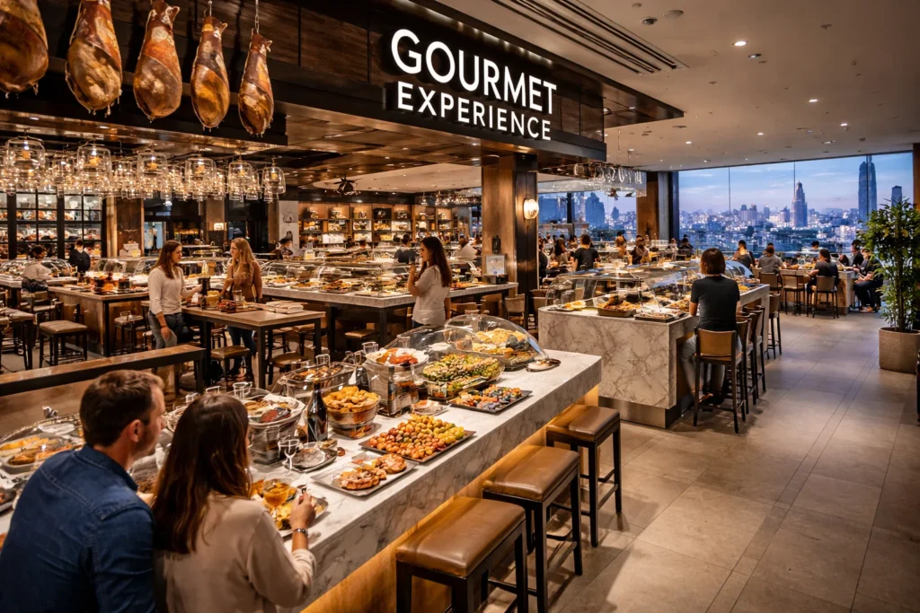 Corte Inglés Gourmet Experience food hall with luxury dining, Spanish tapas counters, and visitors enjoying gourmet cuisine.