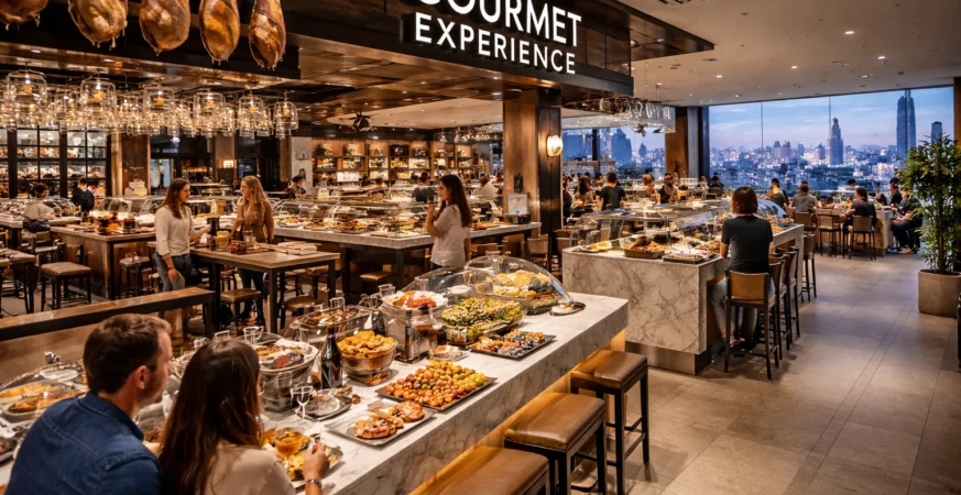 Corte Inglés Gourmet Experience food hall with luxury dining, Spanish tapas counters, and visitors enjoying gourmet cuisine.