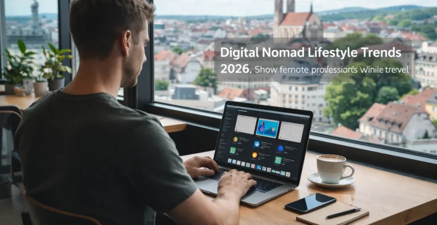 “Digital nomad working remotely on a laptop in a modern coworking space with city view in Europe”