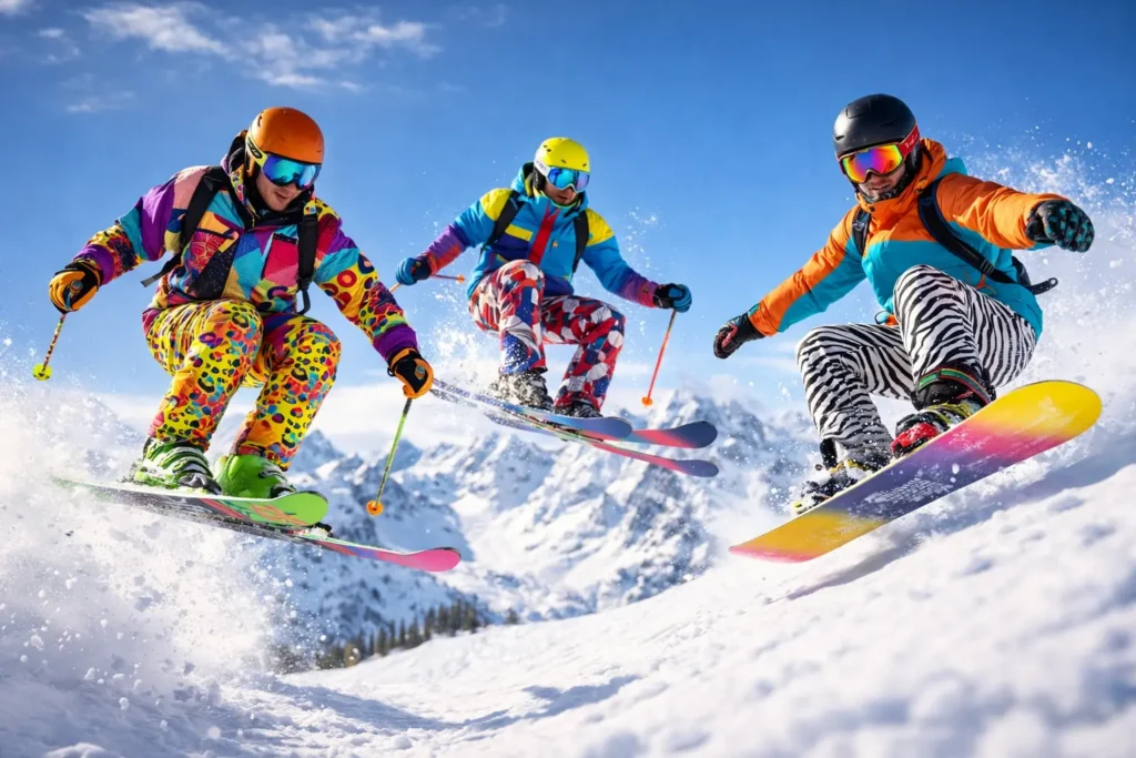 Skiers and snowboarders wearing eccentric ski and snowboard gear on snowy Alpine slopes.