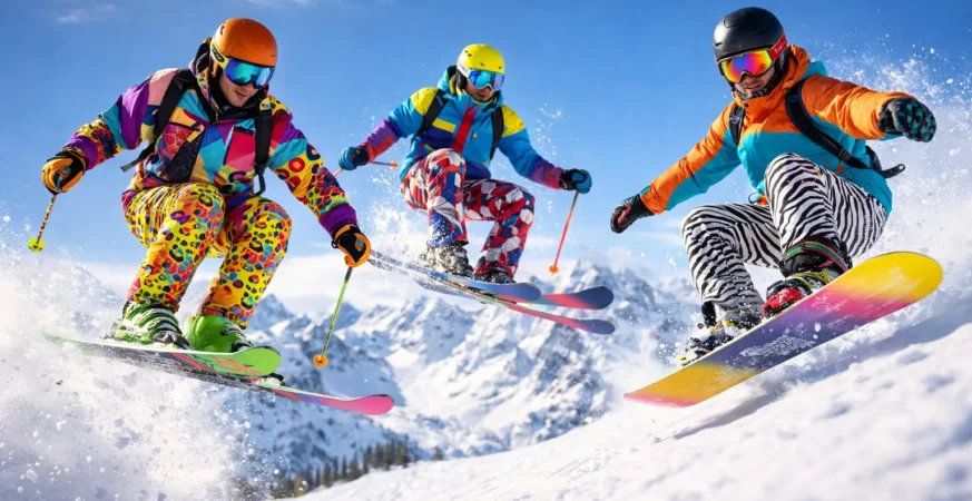 Skiers and snowboarders wearing eccentric ski and snowboard gear on snowy Alpine slopes.