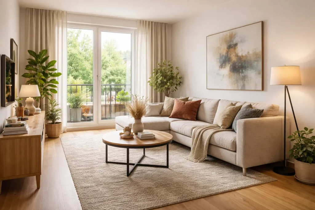 “Modern front room interior design with cozy sofa, coffee table, indoor plants, and layered lighting in a German home”
