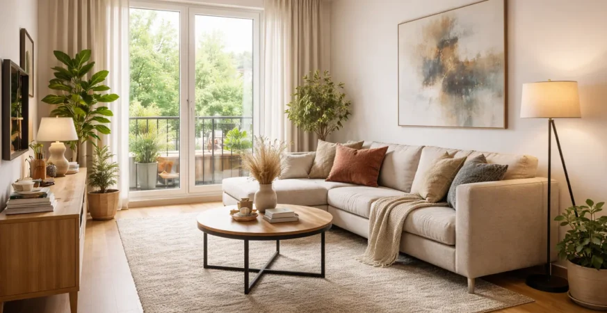 “Modern front room interior design with cozy sofa, coffee table, indoor plants, and layered lighting in a German home”