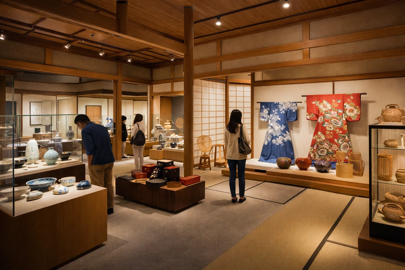 Gallery of Kyoto traditional arts and crafts with ceramics, textiles, and visitors exploring Japanese artisan exhibitions.