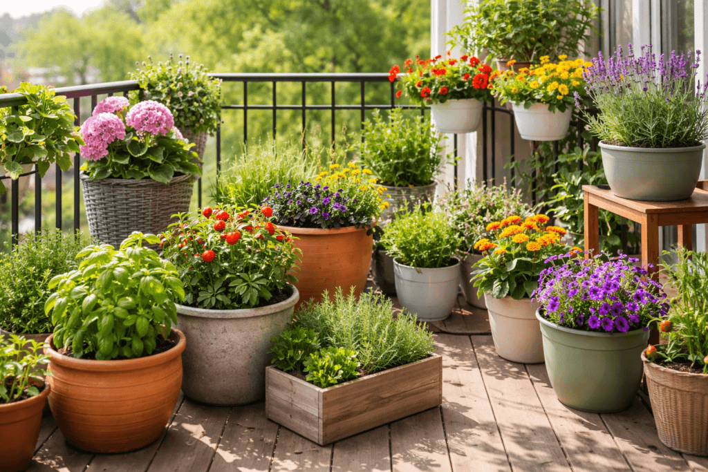 Variety of gardening pots and planters with herbs and flowers on a German balcony