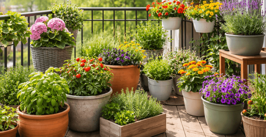 Variety of gardening pots and planters with herbs and flowers on a German balcony