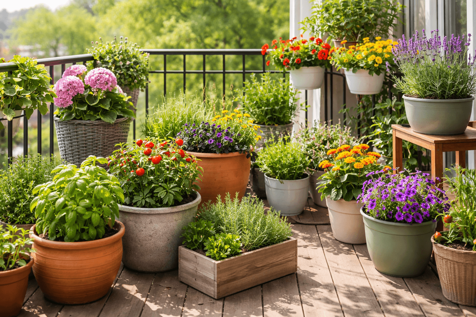 Variety of gardening pots and planters with herbs and flowers on a German balcony