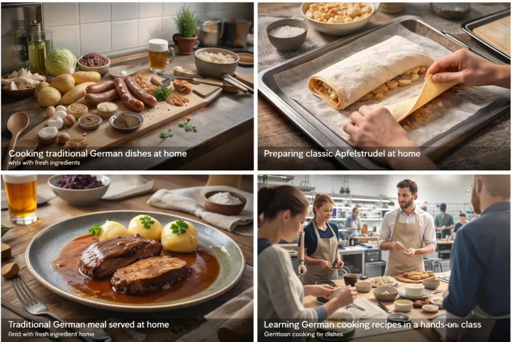 Home kitchen with ingredients for authentic German cooking recipes