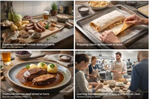 Home kitchen with ingredients for authentic German cooking recipes