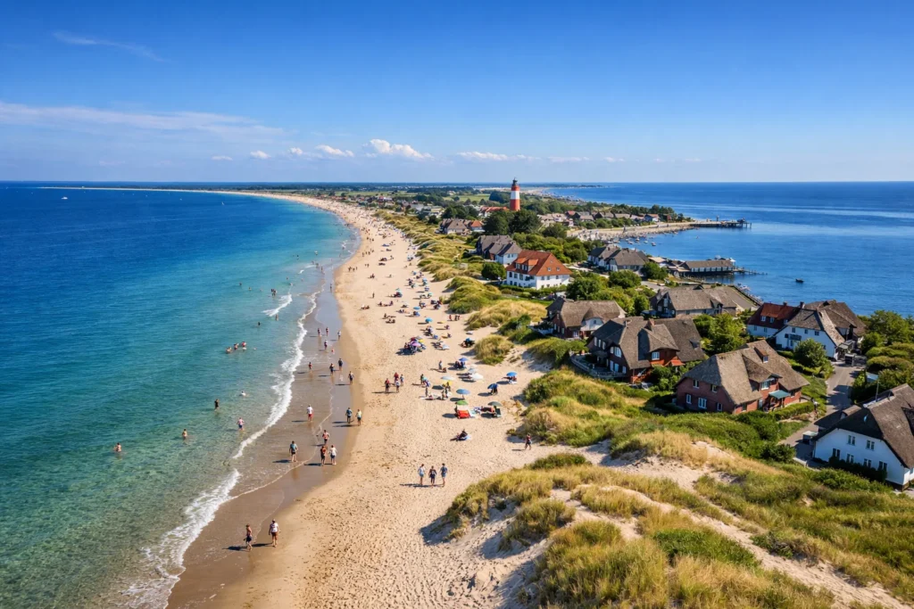 German islands coastline with sandy beaches, dunes, and seaside villages in North and Baltic Sea.
