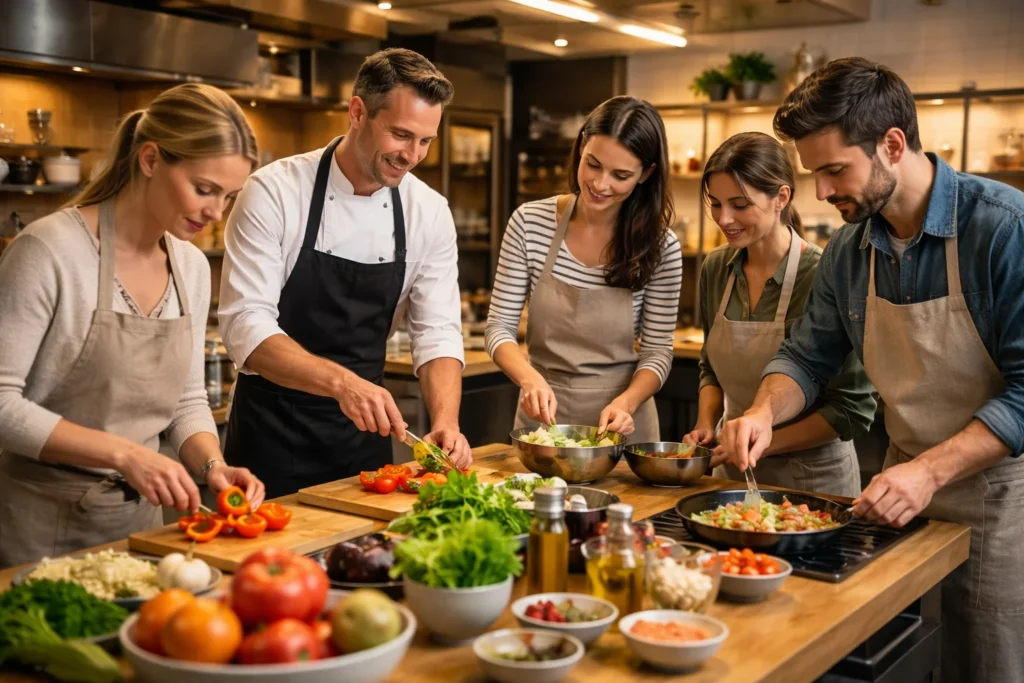 German travelers participating in a hands-on cooking class, preparing traditional and international dishes under a professional chef’s guidance.