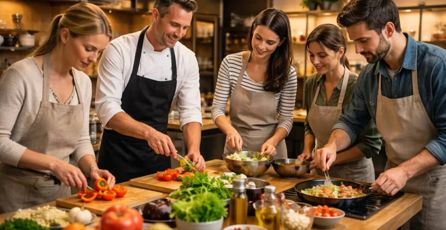 German travelers participating in a hands-on cooking class, preparing traditional and international dishes under a professional chef’s guidance.