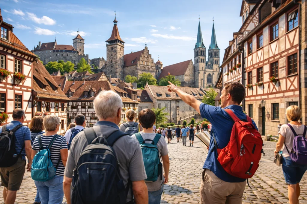 Tourists exploring a historic European city during a guided historische touren experience.