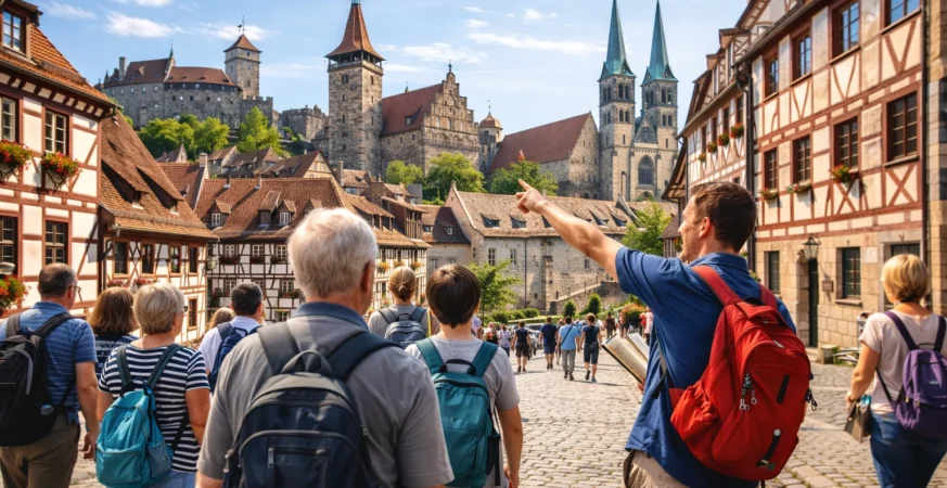 Tourists exploring a historic European city during a guided historische touren experience.