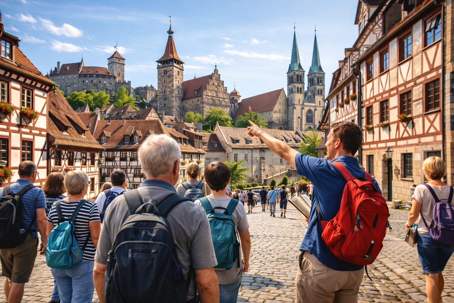 Tourists exploring a historic European city during a guided historische touren experience.