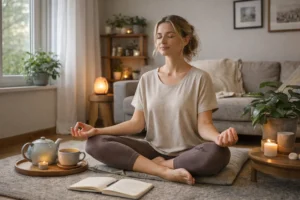 Person practicing self-care meditation in a modern German home with natural light and indoor plants.