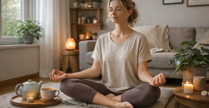 Person practicing self-care meditation in a modern German home with natural light and indoor plants.