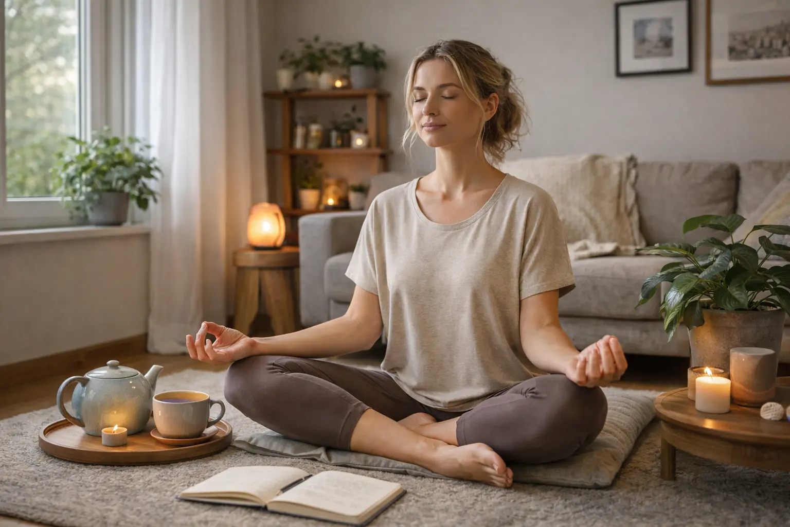 Person practicing self-care meditation in a modern German home with natural light and indoor plants.