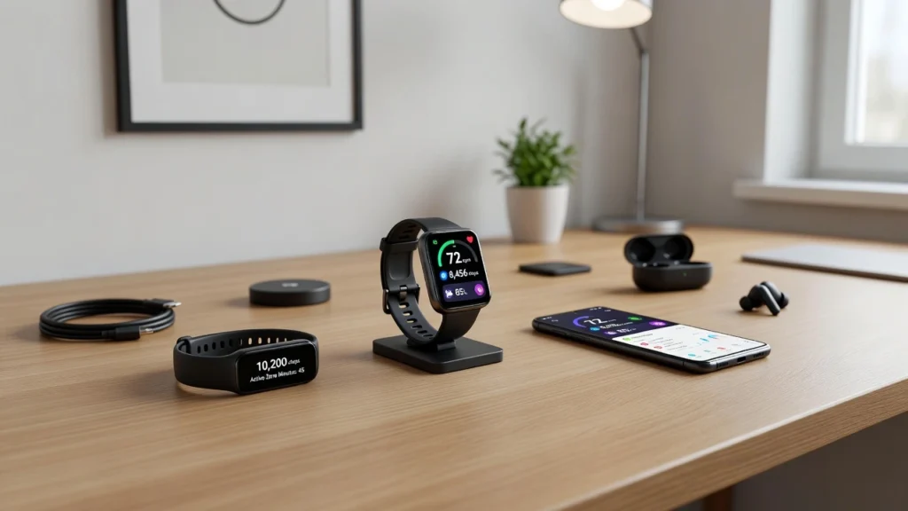 “Huawei wearable device showing health and fitness metrics on a modern German-style desk”