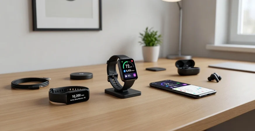 “Huawei wearable device showing health and fitness metrics on a modern German-style desk”