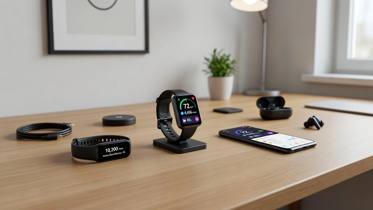 “Huawei wearable device showing health and fitness metrics on a modern German-style desk”