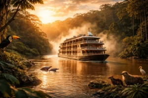 Luxury Amazon river cruise sailing through rainforest jungle