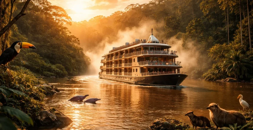 Luxury Amazon river cruise sailing through rainforest jungle