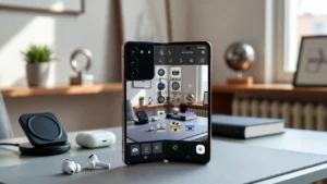 “Latest smartphone 2026 with foldable display and AI-enhanced camera on a modern desk in Germany”